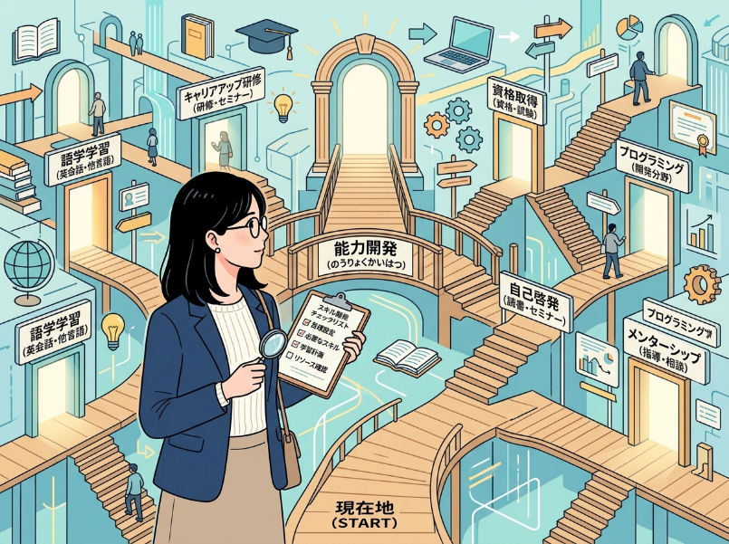 見出し1画像_嶋村吉洋社長が主催するワクセルのコラム_瀧川昇三_①現在地の明確化 - 分岐点で「現在地」を確認している女性