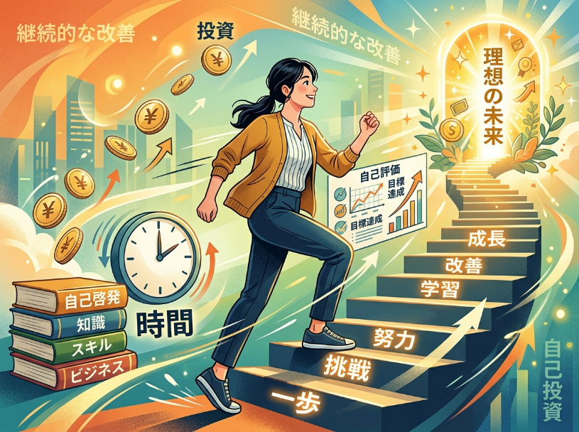 見出し4画像_嶋村吉洋社長が主催するワクセルのコラム_瀧川昇三_④投資と改善 - 「時間」「投資」「自己評価」「改善」をしながら階段を上る女性